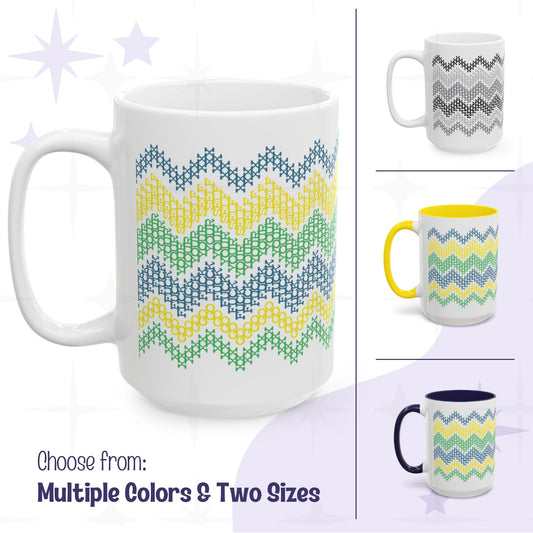 Hidden profanity coffee mug with cross stitch chevron pattern spelling Go Fuck Yourself, shown in bright stripe colorway with white, navy accent, and yellow accent variants in 11oz and 15oz sizes