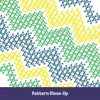 Close-up of hidden profanity cross stitch pattern in teal, yellow, and green, revealing Go Fuck Yourself text styled as fair isle embroidery stitches