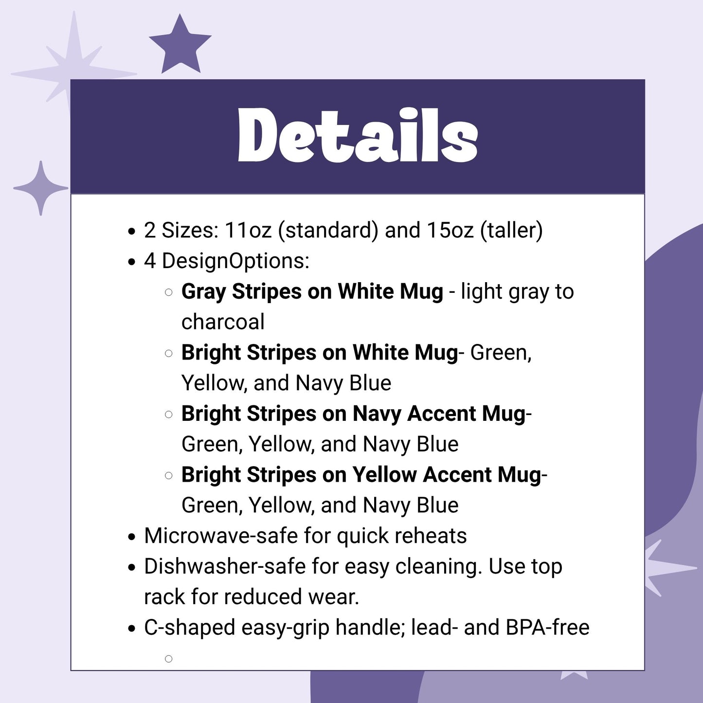 Product details graphic for hidden profanity cross stitch mug showing size options colorways and care instructions