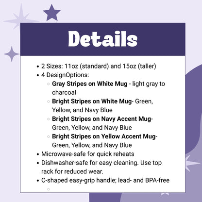 Product details graphic for hidden profanity cross stitch mug showing size options colorways and care instructions