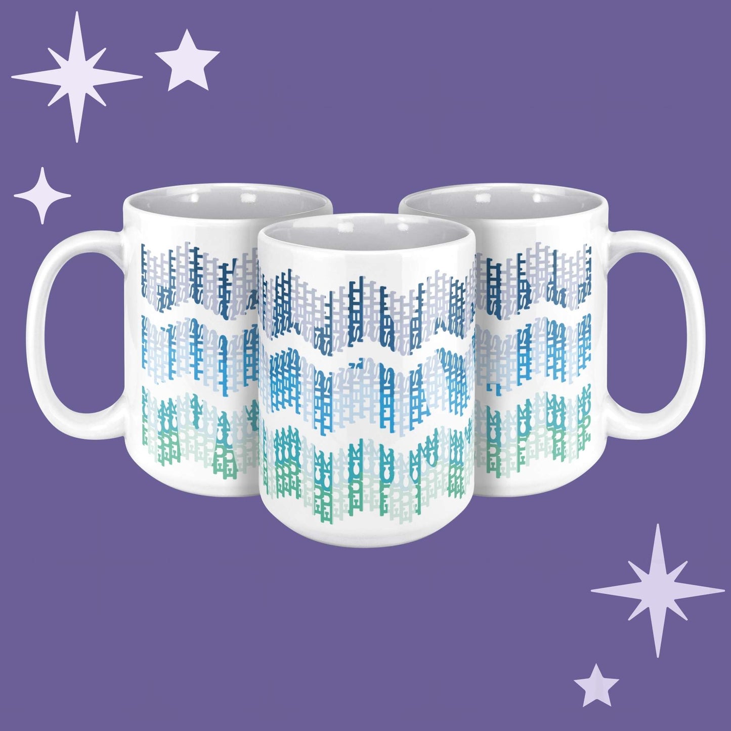 Three white ceramic hidden profanity mugs with ocean ombre chevron swear word pattern on purple background showing full wrap around design