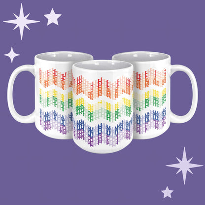 Three white ceramic hidden profanity mugs with rainbow chevron swear word pattern on purple background showing full wrap around design