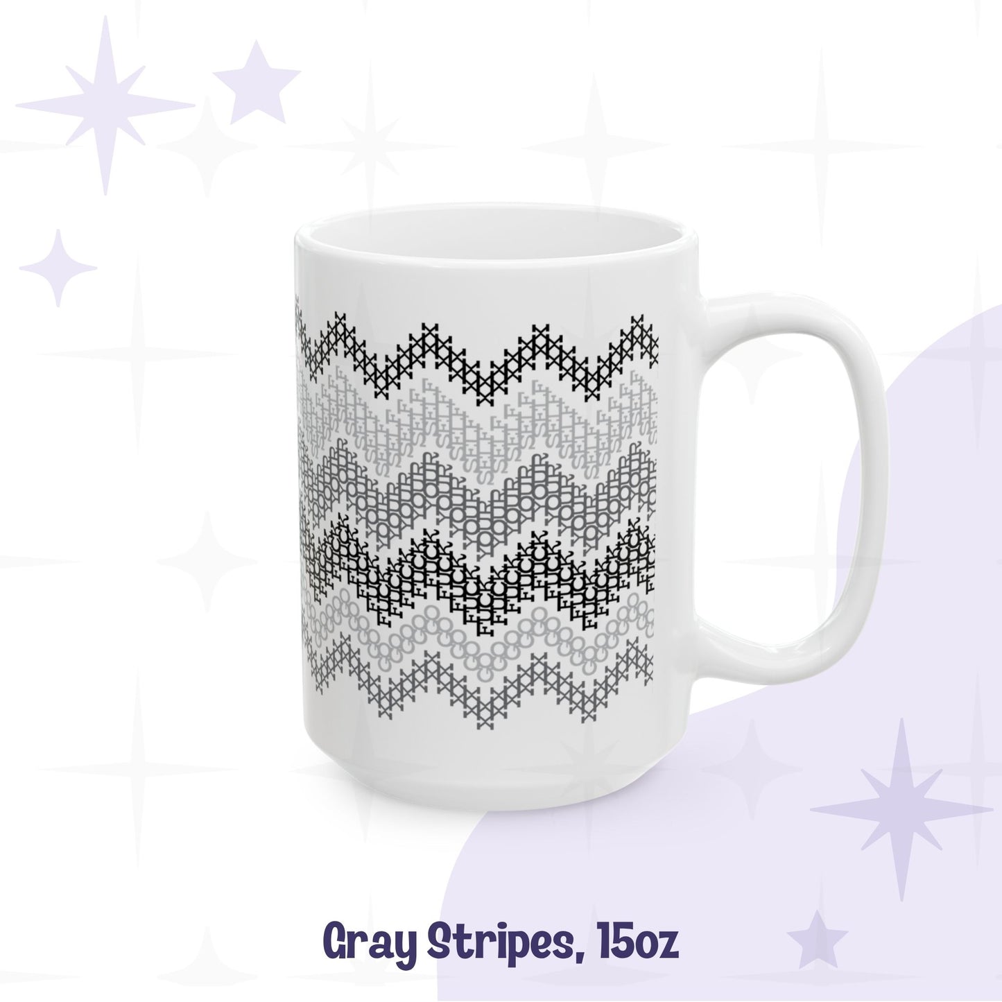 15oz hidden profanity ceramic mug gray stripe cross stitch chevron pattern on white body handle facing right