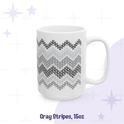 15oz hidden profanity ceramic mug gray stripe cross stitch chevron pattern on white body handle facing right