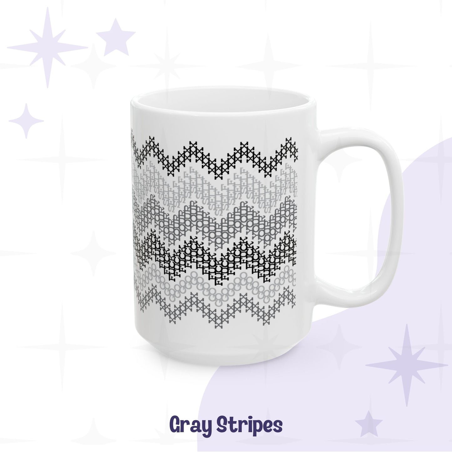 Hidden profanity coffee mug gray chevron cross stitch pattern on white ceramic body front view