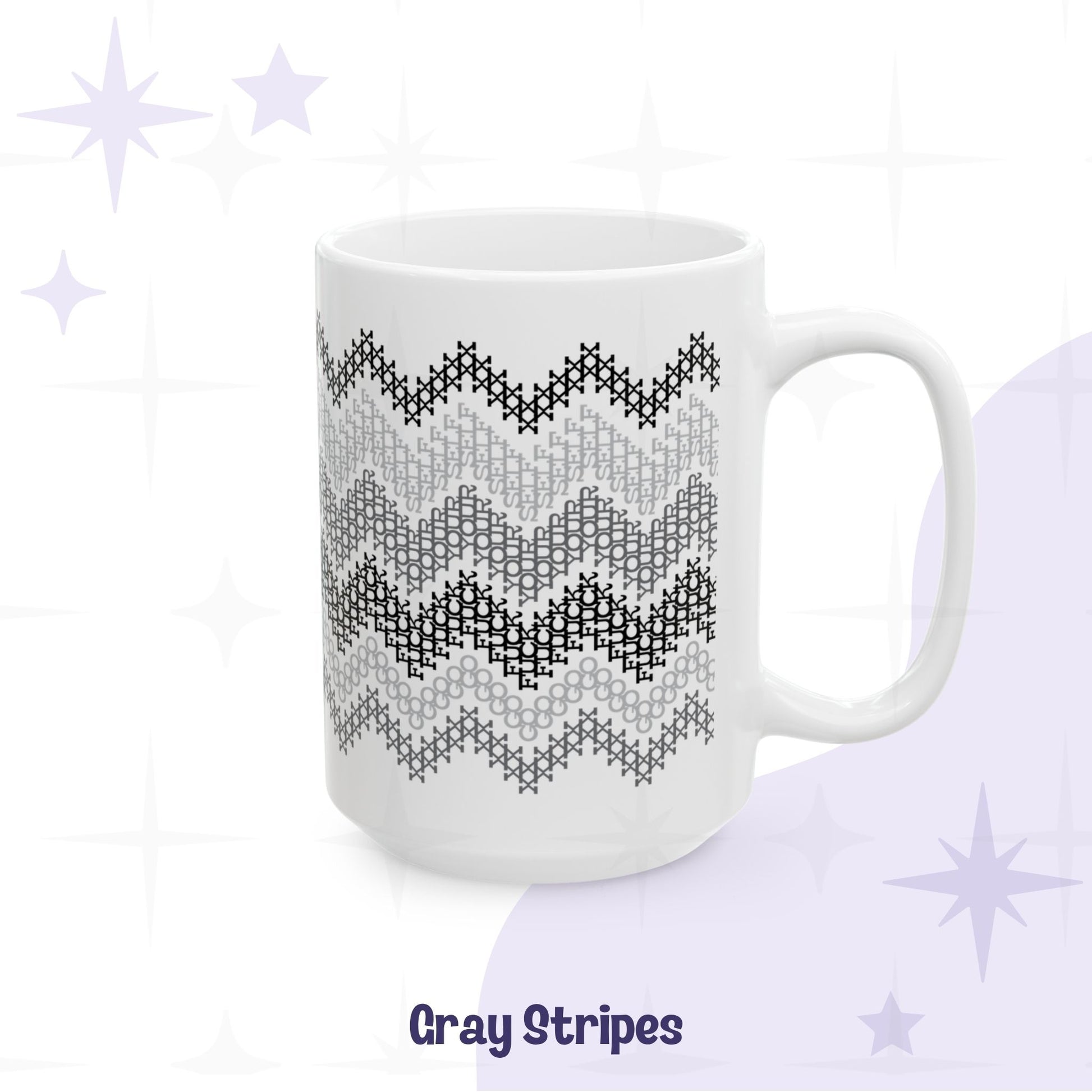 Hidden profanity coffee mug gray chevron cross stitch pattern on white ceramic body front view