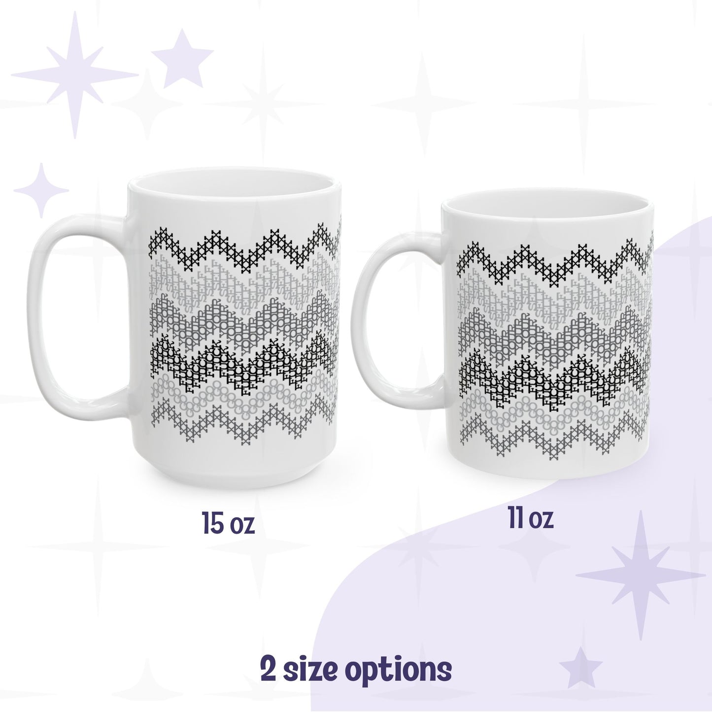 Side by side size comparison of gray stripe hidden message mug "go fuck your self" in 15oz and 11oz ceramic options