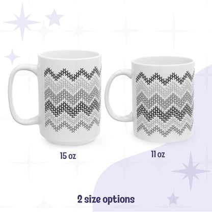 Side by side size comparison of gray stripe hidden message mug "go fuck your self" in 15oz and 11oz ceramic options