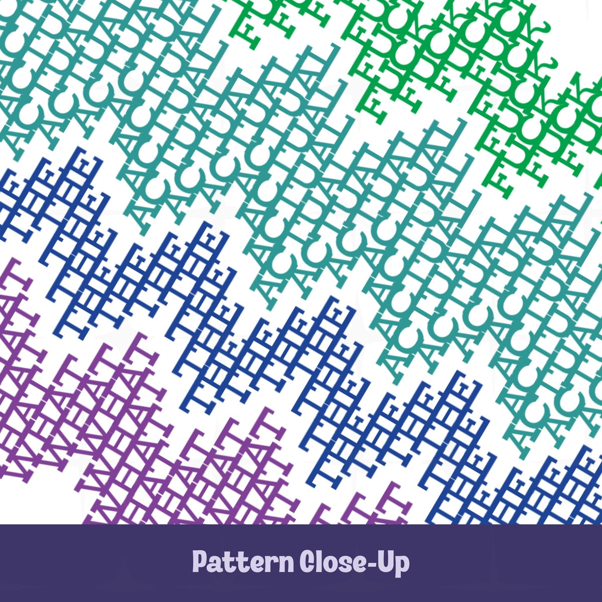 Close-up of hidden swear word mug pattern in purple, blue, teal, & green revealing repeating text WHAT THE ACTUAL FUCK in cross-stitch style letterforms