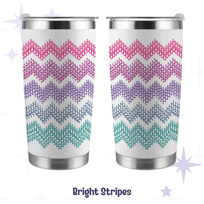 Hidden profanity tumbler bright stripes in hot pink purple and teal front and back view on white stainless steel body