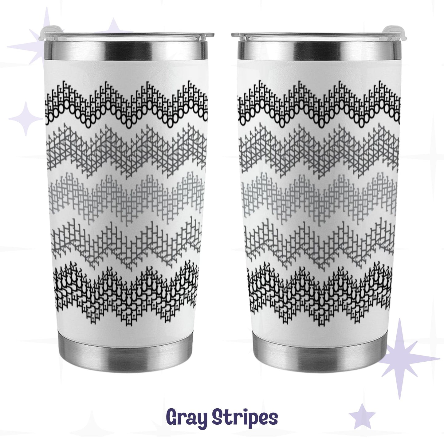 Hidden profanity tumbler gray stripes in black and gray gradient front and back view on white stainless steel body