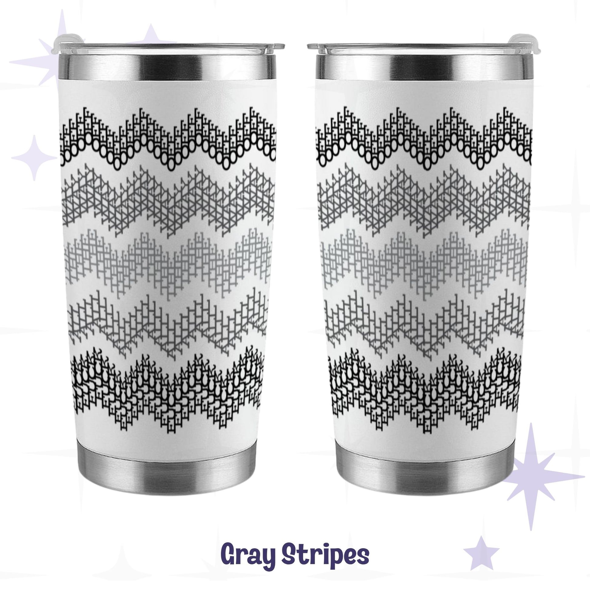 Hidden profanity tumbler gray stripes in black and gray gradient front and back view on white stainless steel body