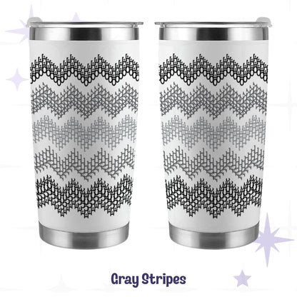 Hidden profanity tumbler gray stripes in black and gray gradient front and back view on white stainless steel body