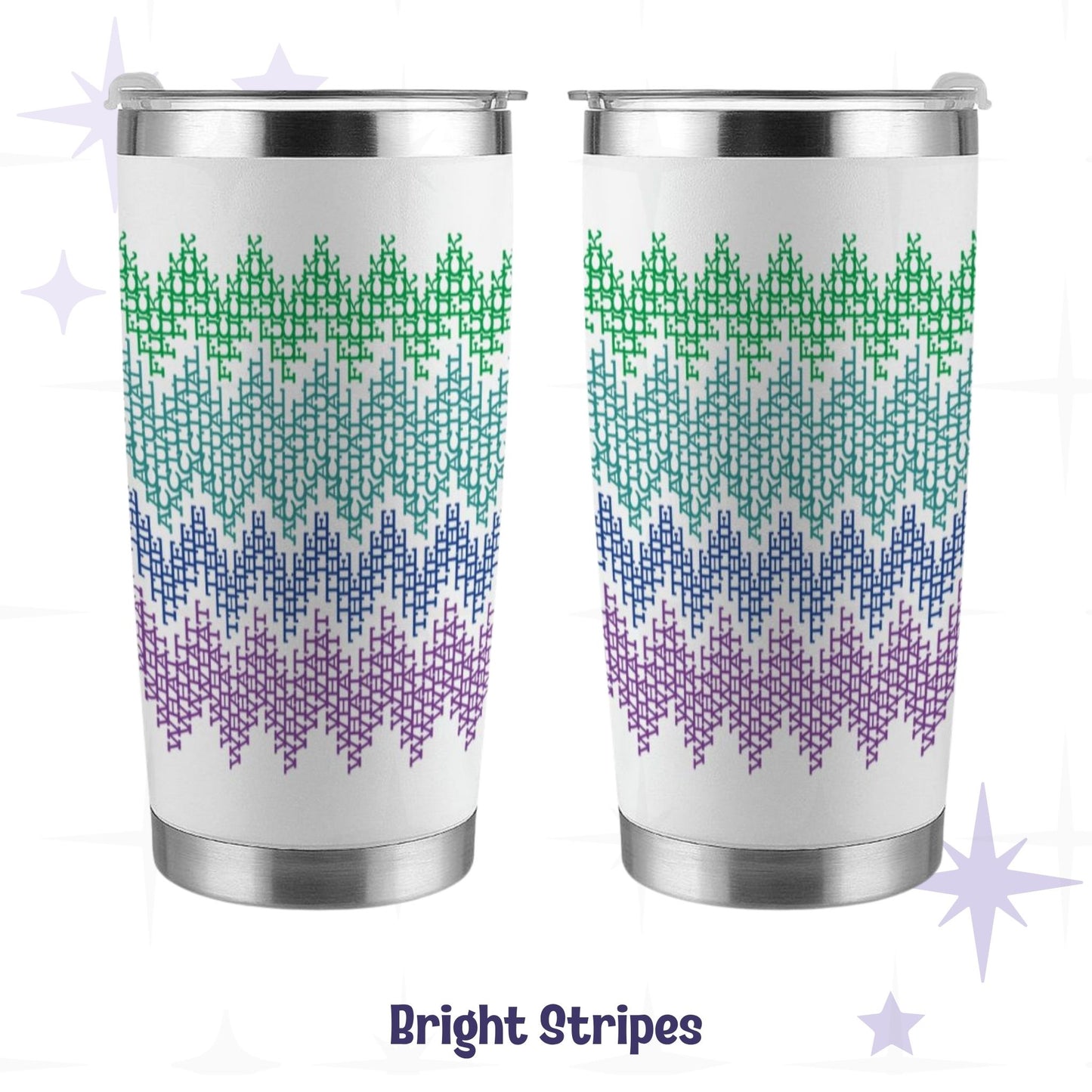 Bright stripes hidden message tumbler front and back views showing green teal blue purple gradient cross-stitch pattern on 20oz stainless steel
