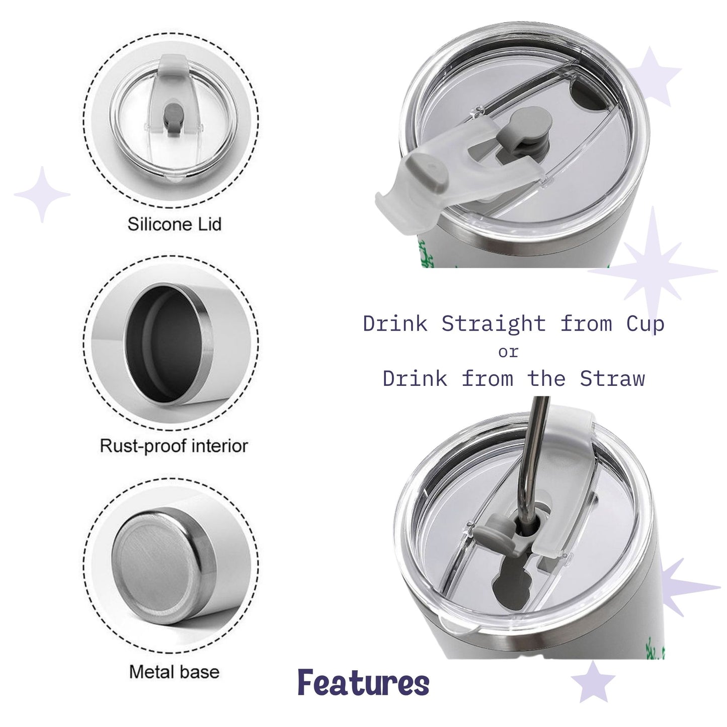 Product features detail for hidden profanity tumbler showing silicone lid, rust-proof interior, metal base, and dual sip or straw drinking options