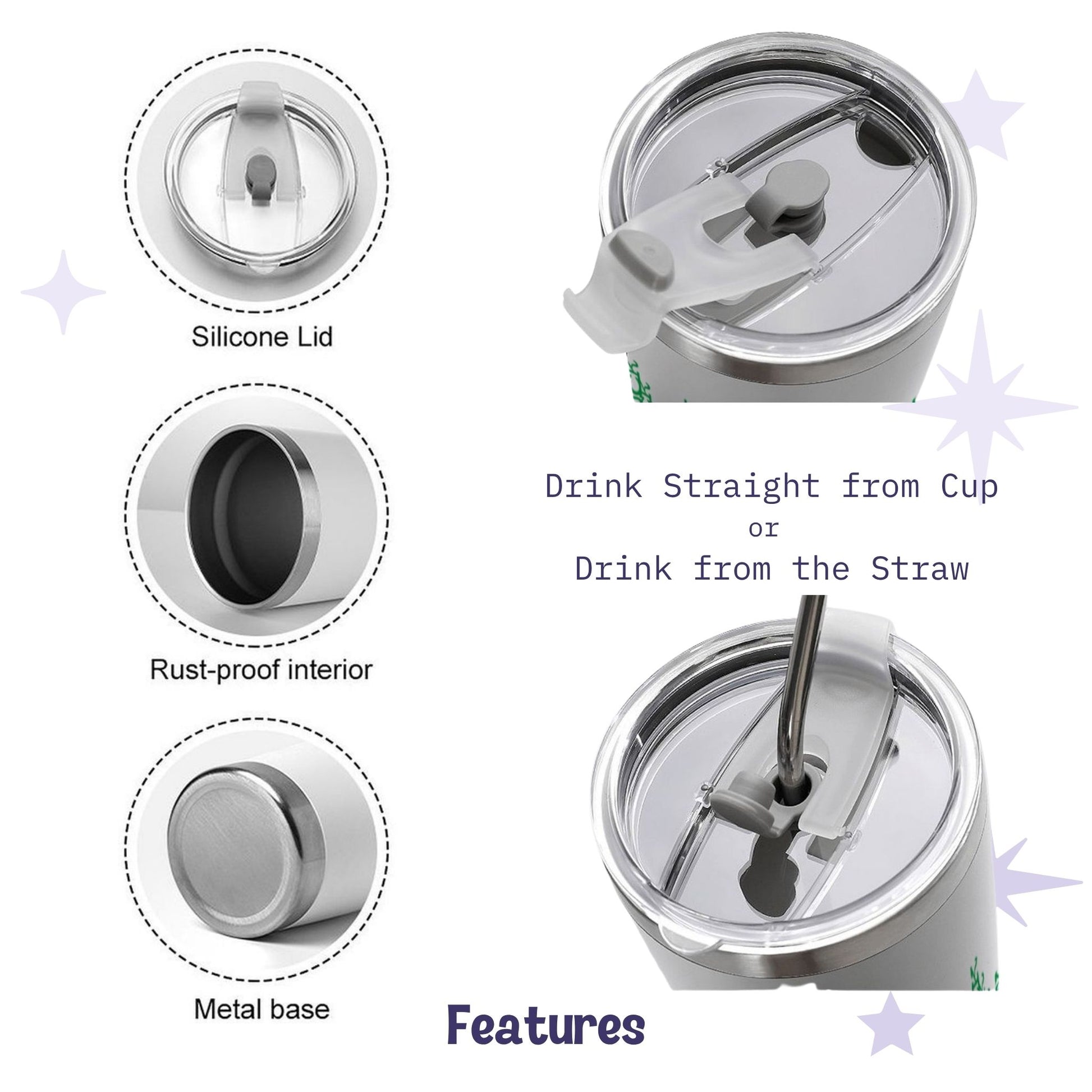 Product features detail for hidden profanity tumbler showing silicone lid, rust-proof interior, metal base, and dual sip or straw drinking options
