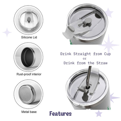 Product features detail for hidden profanity tumbler showing silicone lid, rust-proof interior, metal base, and dual sip or straw drinking options