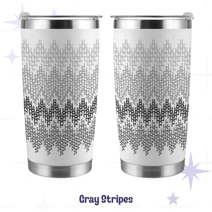 Gray stripes hidden profanity tumbler front and back views with monochrome chevron swear word pattern on white stainless steel
