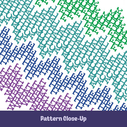 Close-up of hidden swear word tumbler pattern in bright stripes colorway with green teal blue and purple gradient cross-stitch text