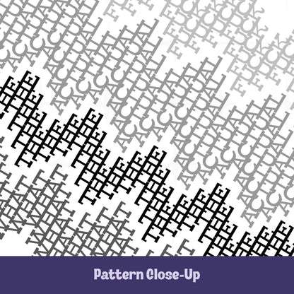 Close-up of hidden message tumbler pattern in gray stripes colorway with light gray and charcoal cross-stitch text on white