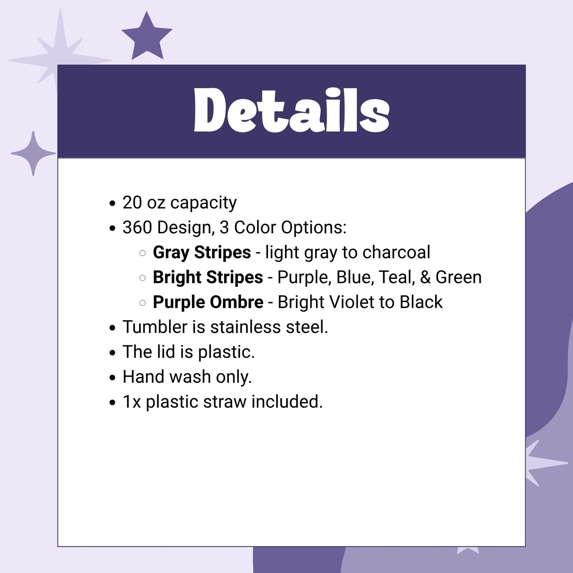 Product details card for hidden profanity tumbler showing 20oz capacity, 360 design in 3 color options, stainless steel, plastic lid, hand wash only, 1 plastic straw included