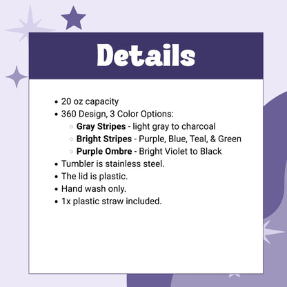 Product details card for hidden profanity tumbler showing 20oz capacity, 360 design in 3 color options, stainless steel, plastic lid, hand wash only, 1 plastic straw included