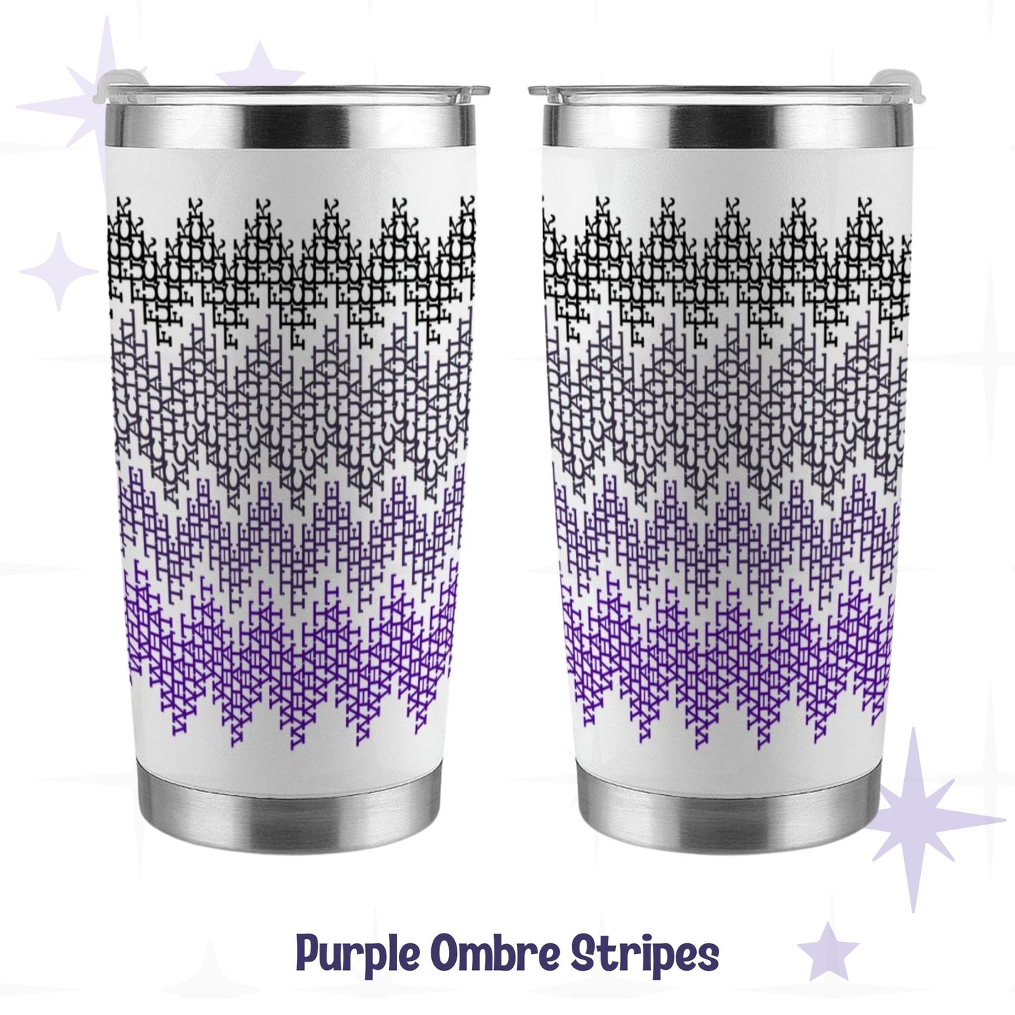 Hidden profanity tumbler in purple ombre colorway showing front and back views of 360-degree fair isle swear word wrap on stainless steel