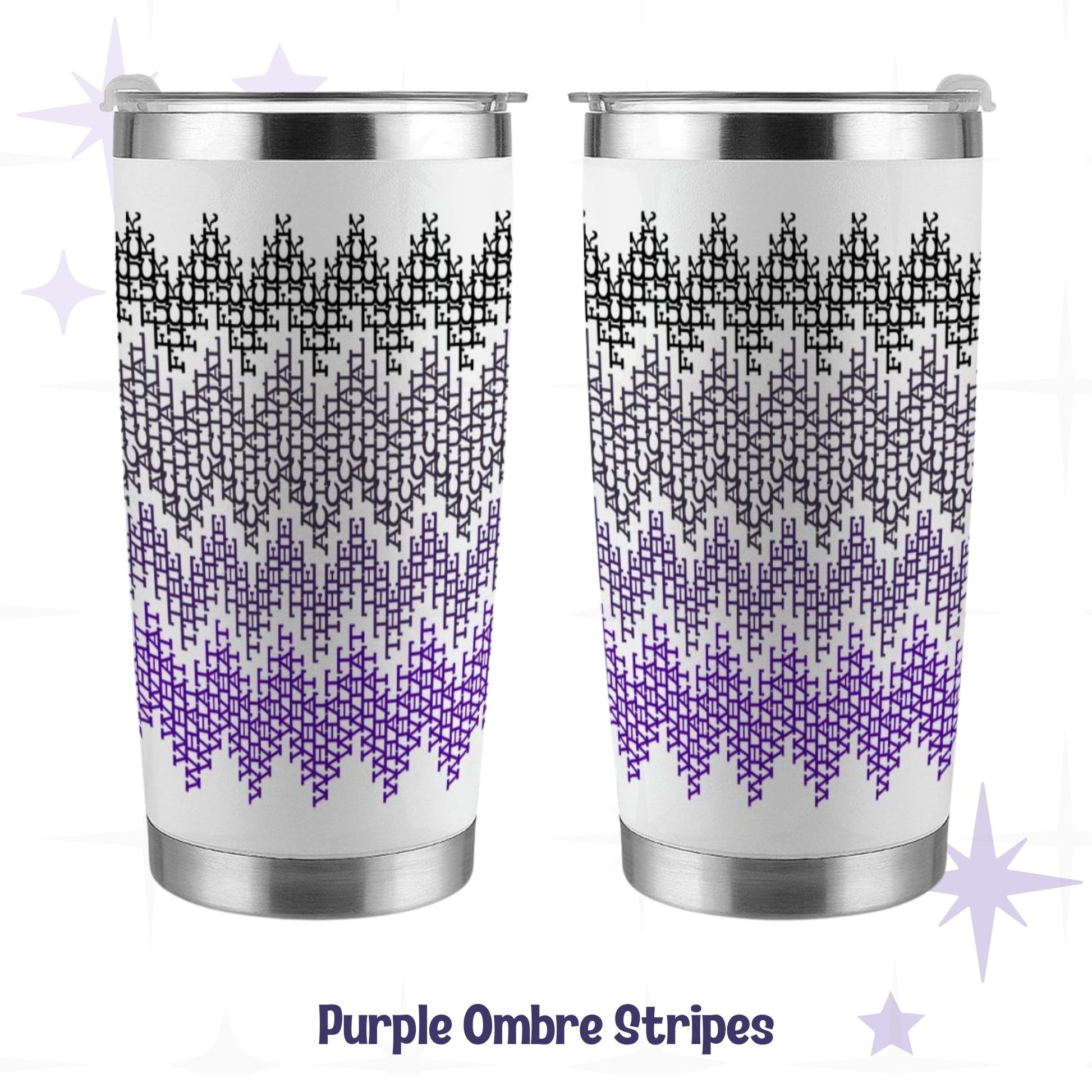 Hidden profanity tumbler in purple ombre colorway showing front and back views of 360-degree fair isle swear word wrap on stainless steel