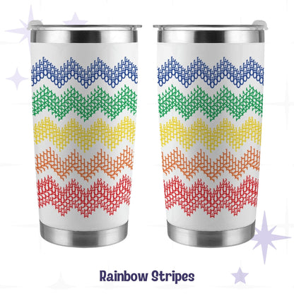 Hidden profanity tumbler rainbow stripes colorway front and back view showing full 360 degree cross stitch chevron wrap