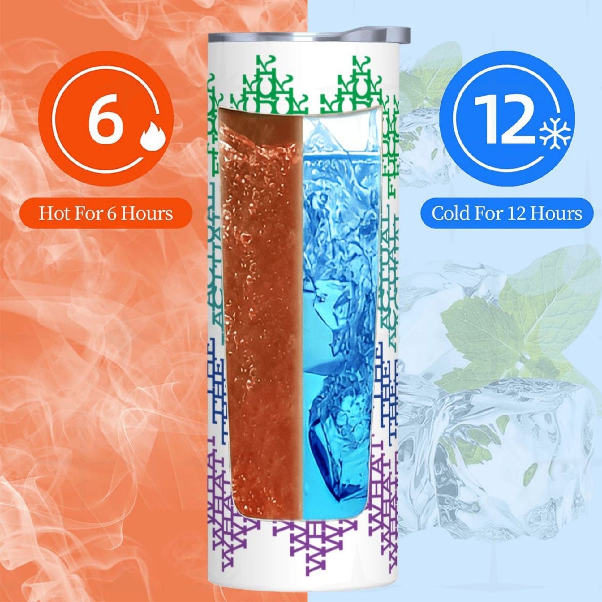 Insulation infographic for the hidden message tumbler showing 6 hours hot retention and 12 hours cold retention with the bright stripes colorway
