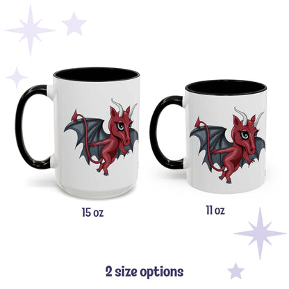 Chibi Jersey Devil cryptid mug shown in 15 oz and 11 oz, white ceramic with black interior and handle