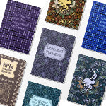 thumbnail Flat lay of seven illustrated profanity journals featuring titles including Fucked Up Shit That Happened on Teams, Unhinged Thoughts, KPIs and Other Horseshit, and Mind Your Own Fucking Business, each with original floral and pattern cover illustrations in purple, blue, teal, brown, and green