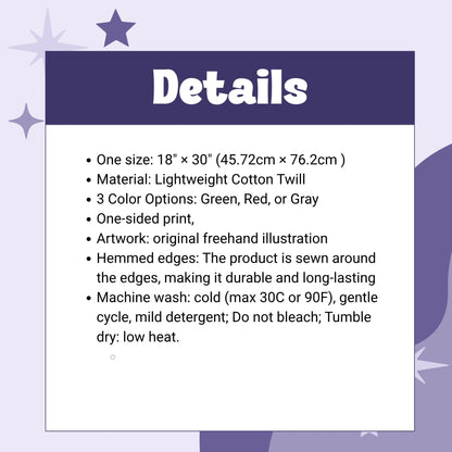 Product details graphic listing specifications for the mid century modern tea towel including one size 18 by 30 inches, lightweight cotton twill material, three color options green red or gray, one-sided print, hemmed edges, and care instructions