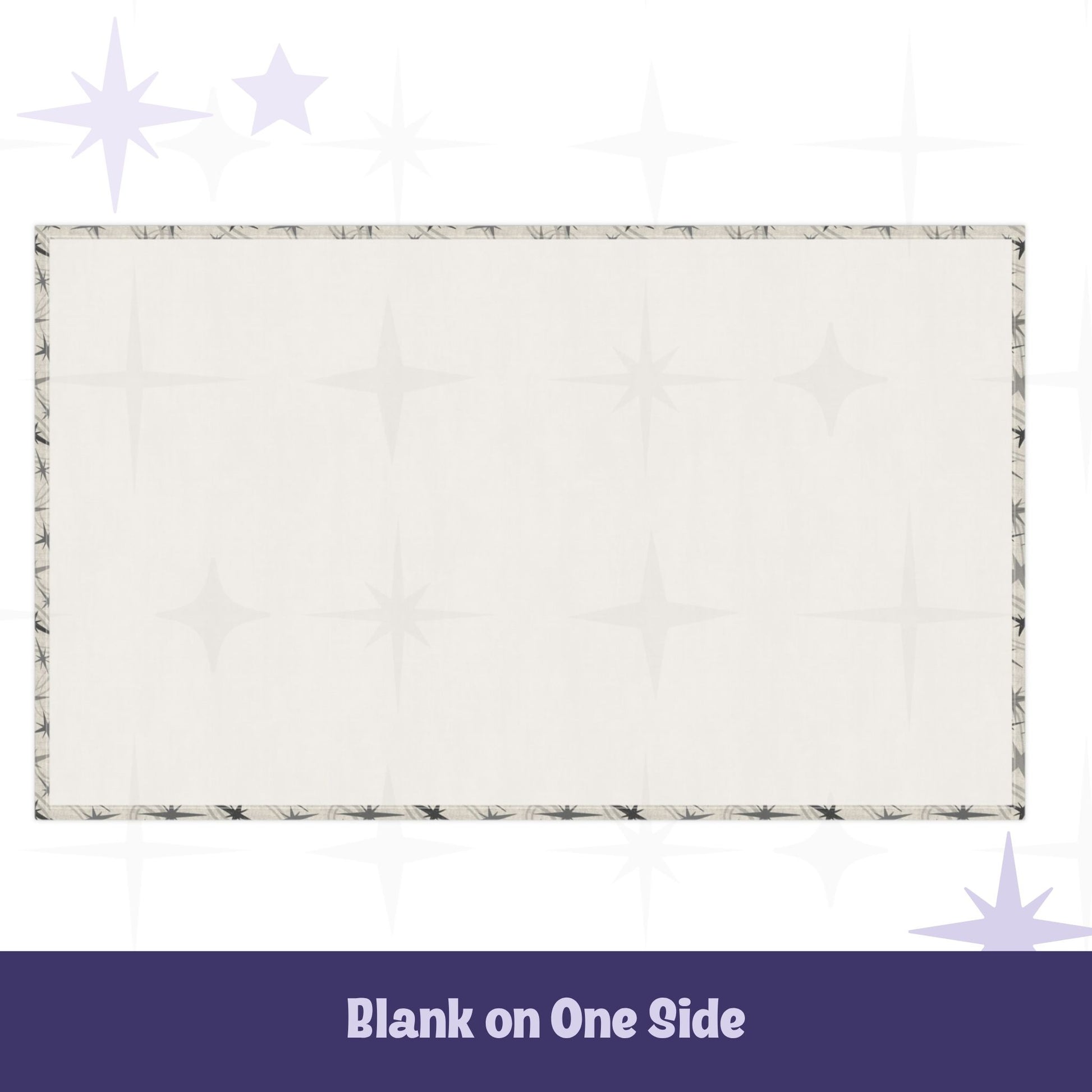 Reverse side of mid century modern tea towel showing clean white blank cotton twill backing with starburst pattern visible on the hemmed border edges