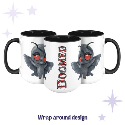 Chibi Mothman mug shown across three angles as a wrap-around design with DOOMED in red lettering