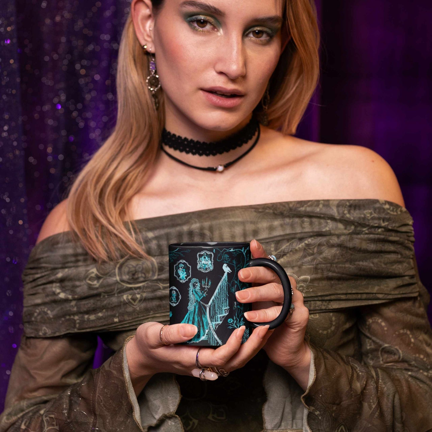 Domestic Zombie Toile Mug, Neon Cyan