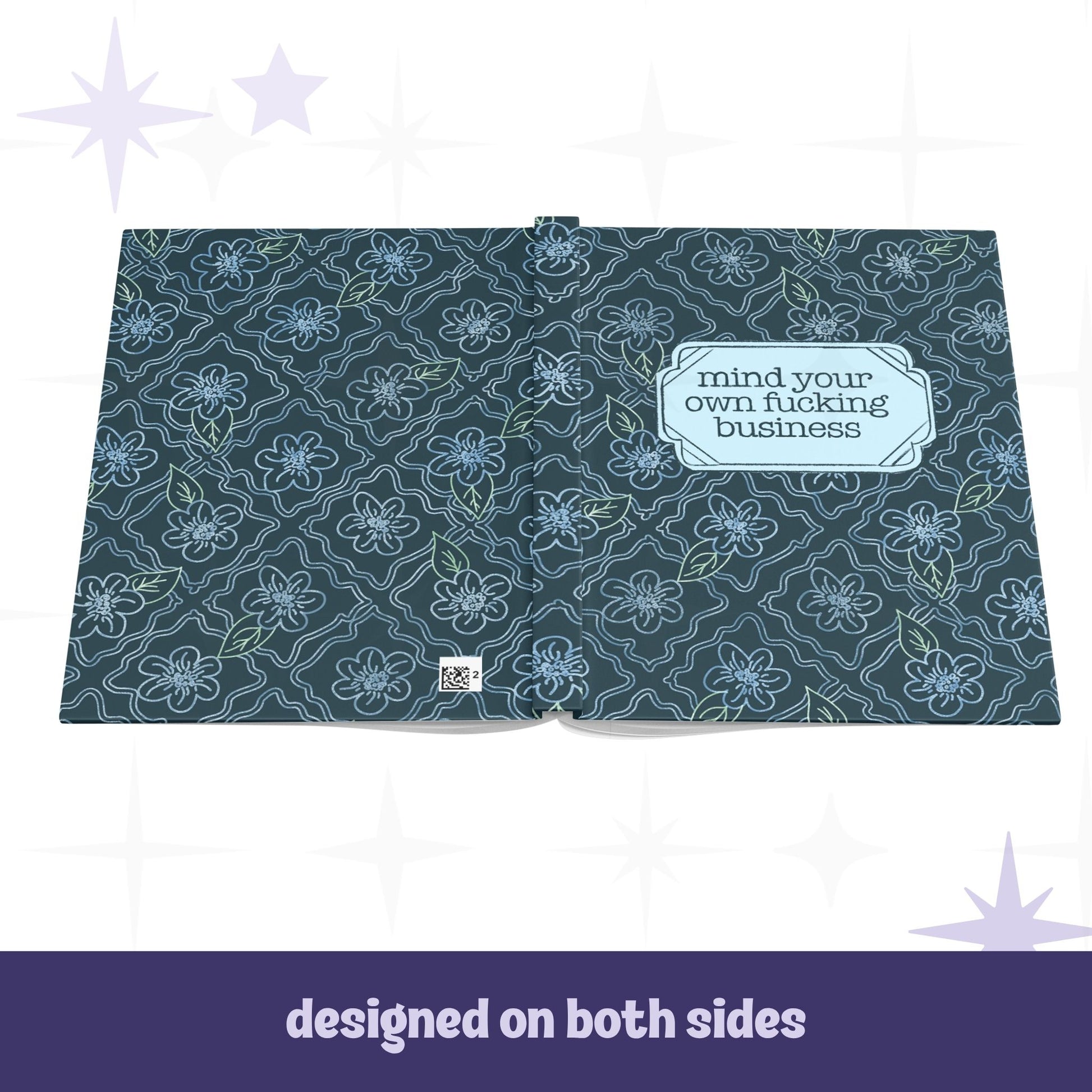 Profanity floral hardcover journal open flat showing full wrap botanical design on front and back covers with teal floral pattern