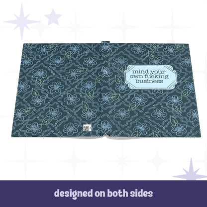 Profanity floral hardcover journal open flat showing full wrap botanical design on front and back covers with teal floral pattern