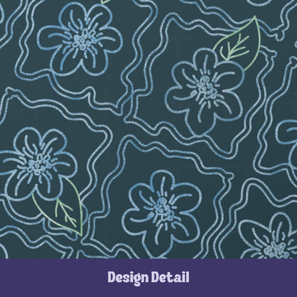 Design detail of hand-drawn teal floral tile pattern with periwinkle six-petaled flowers, sage green leaves, and ogee outlines on profanity journal cover