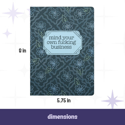 Profanity softcover journal front cover with dimensions labeled 5.75 inches wide by 8 inches tall, dark teal floral pattern