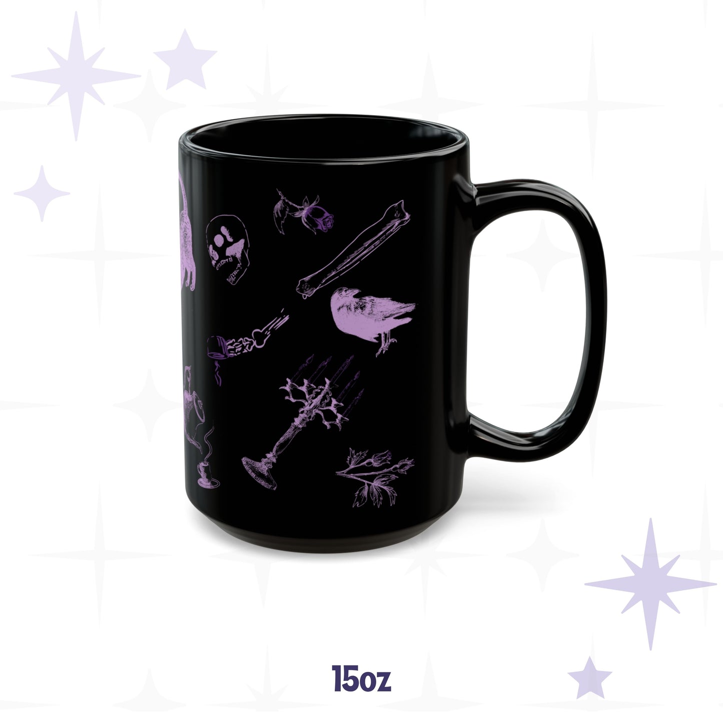 15 oz witchcore mug showing a stretching black cat, a raven, a skeletal hand with a teacup, and a lit candelabra
