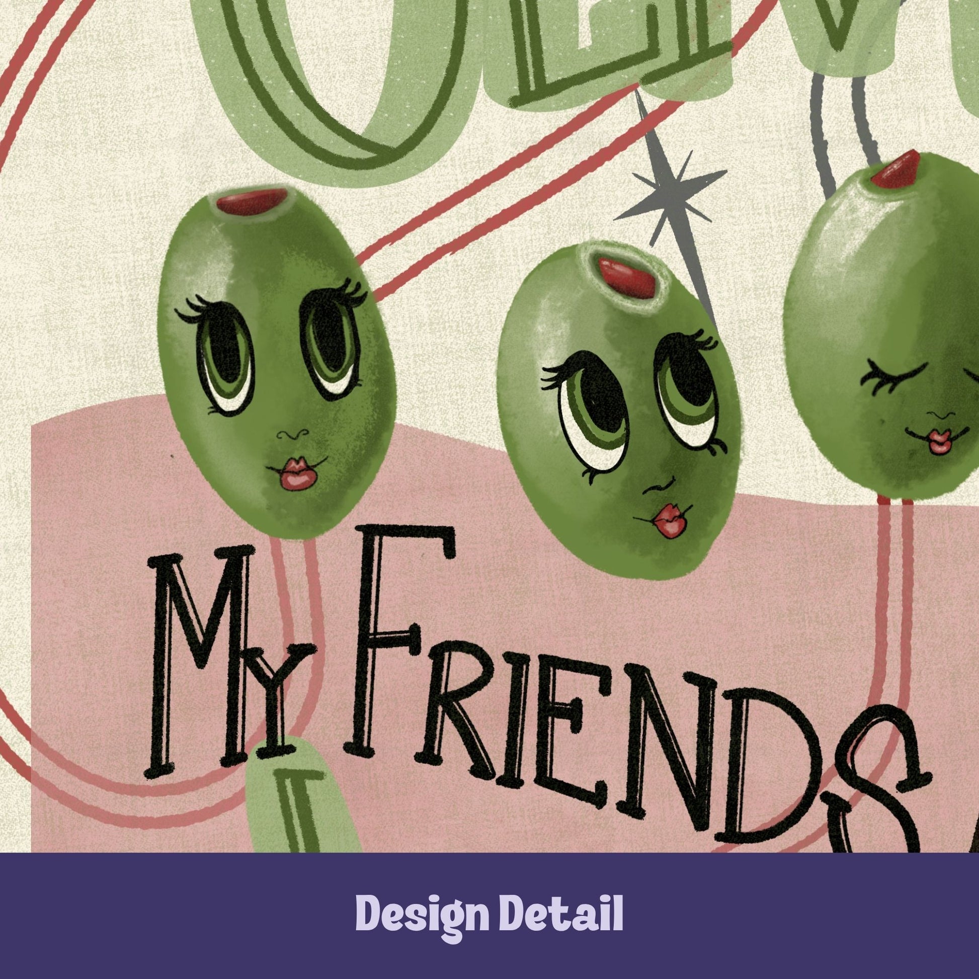 Close-up detail of hand-illustrated anthropomorphic green olives with expressive lashed eyes and red lips on retro kitchen tea towel