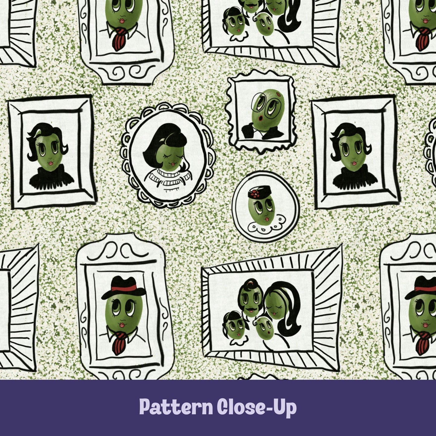 Close-up of retro olive portrait pattern on sage green tea towel showing hand-illustrated olive characters in ornate frames including cameo, fedora olive, family portrait, and bug-eyed olive on terrazzo speckled background