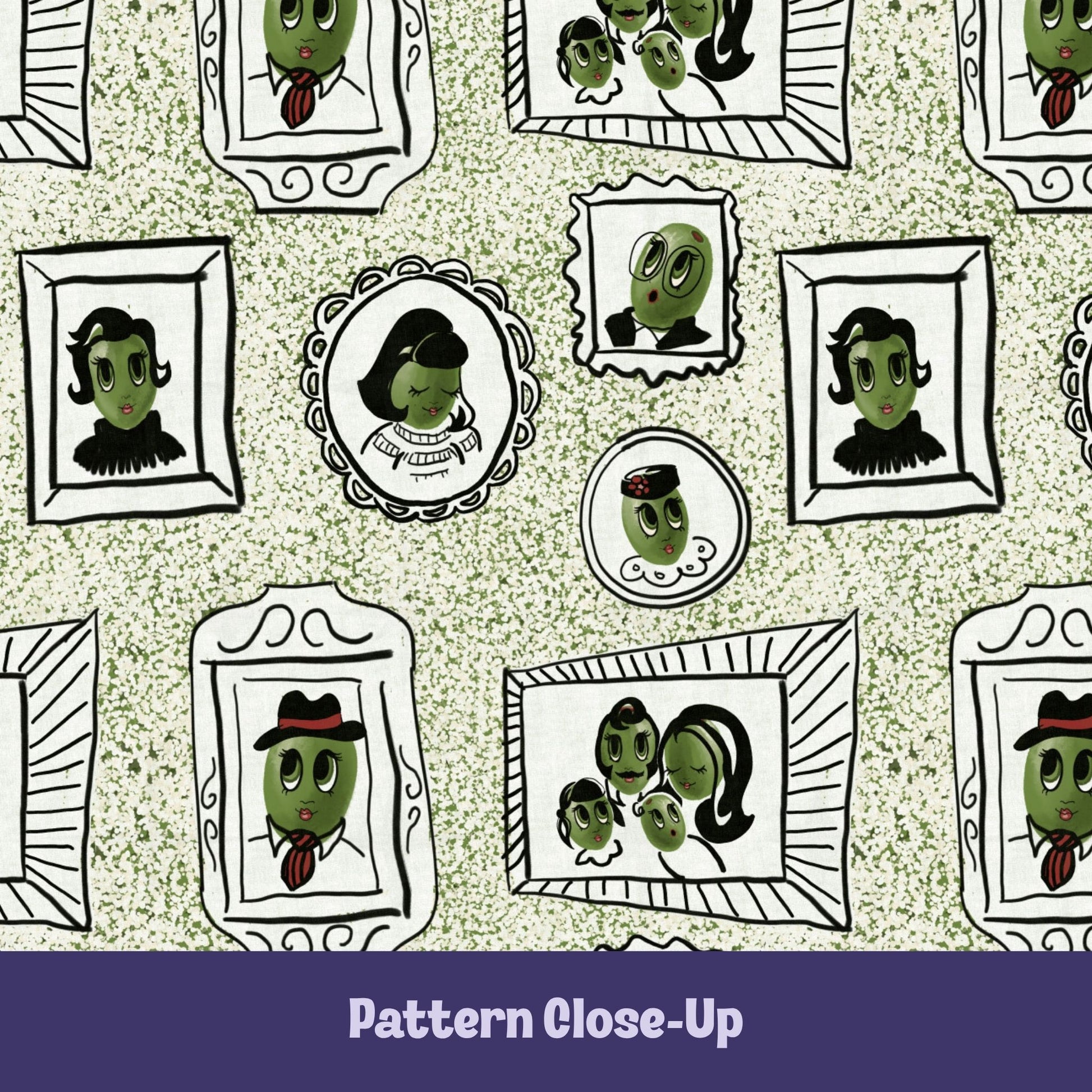 Close-up of retro olive portrait pattern on sage green tea towel showing hand-illustrated olive characters in ornate frames including cameo, fedora olive, family portrait, and bug-eyed olive on terrazzo speckled background