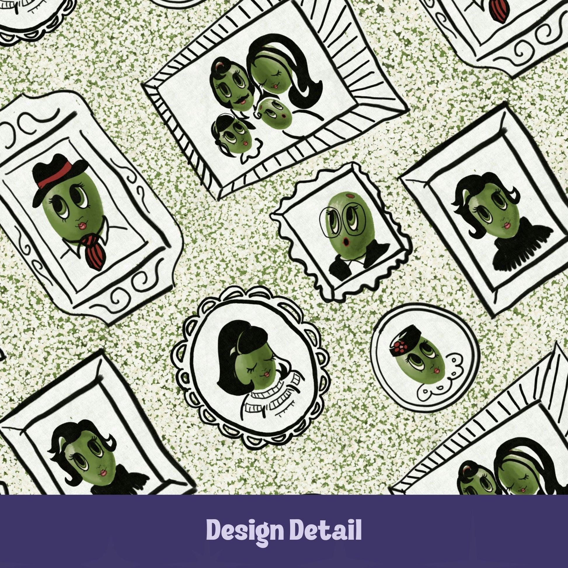 Close-up design detail of retro olive portrait serving platter in sage green speckle colorway showing hand-illustrated gallery wall pattern with framed olive characters including dapper fedora olive, composed cameo female, and family portrait grouping