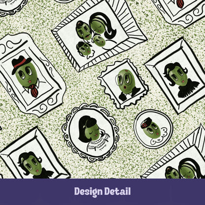 Close-up design detail of retro olive portrait serving platter in sage green speckle colorway showing hand-illustrated gallery wall pattern with framed olive characters including dapper fedora olive, composed cameo female, and family portrait grouping