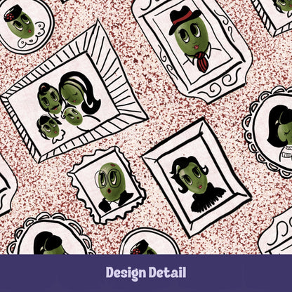Close-up design detail of retro olive portrait serving platter in red speckle colorway showing hand-illustrated olive characters including fedora olive with red-striped tie, bouffant female in cameo frame, bug-eyed olive in stamp frame, and couple family portrait