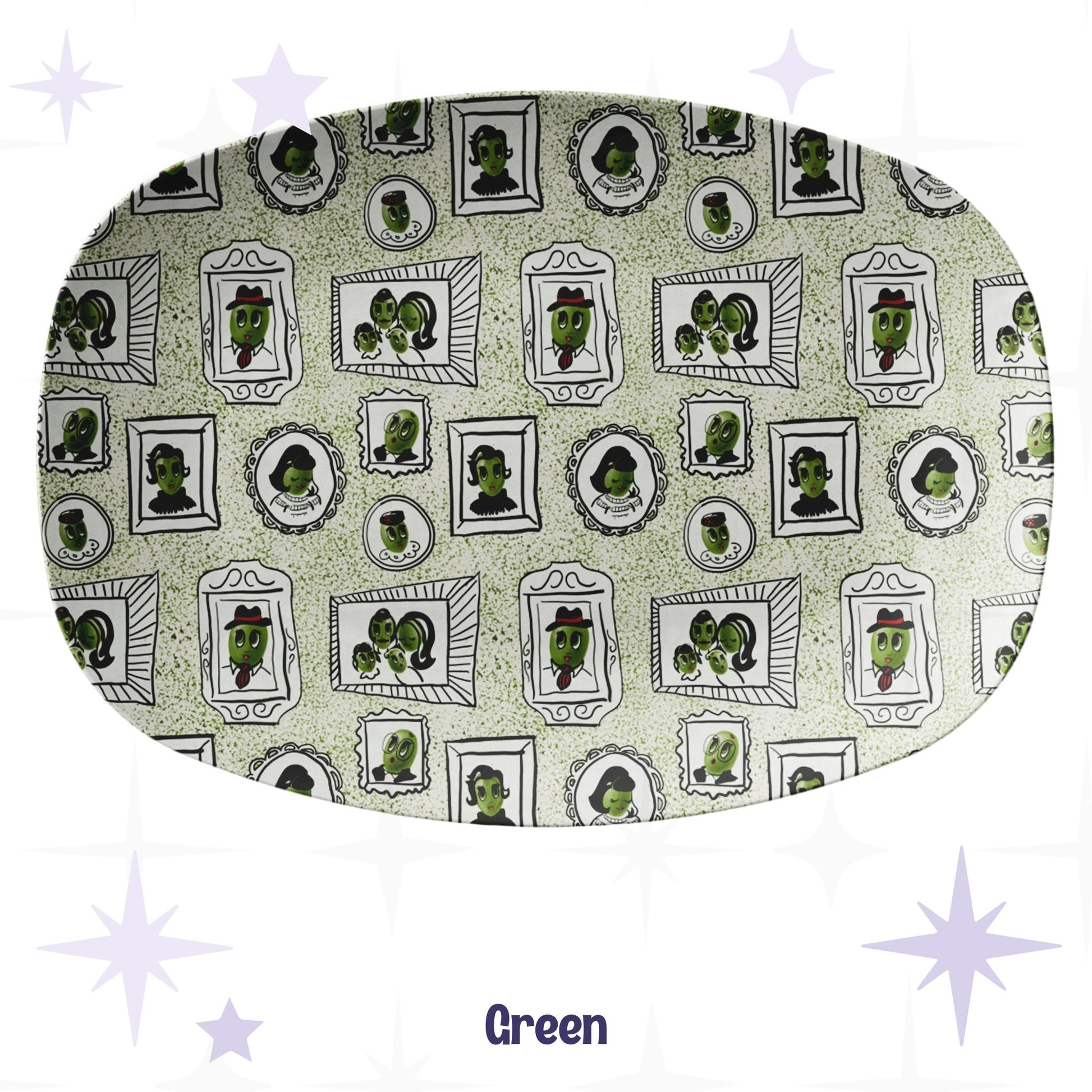 Retro olive portrait serving platter in sage green speckle colorway showing full allover mid-century gallery wall pattern of framed illustrated olive characters on pale sage terrazzo-style ground