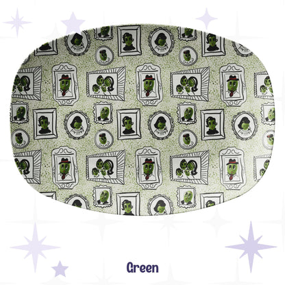 Retro olive portrait serving platter in sage green speckle colorway showing full allover mid-century gallery wall pattern of framed illustrated olive characters on pale sage terrazzo-style ground