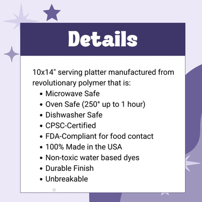 Product details card for retro olive portrait serving platter showing 10 by 14 inch size, revolutionary polymer construction, microwave safe, oven safe to 250 degrees up to 1 hour, dishwasher safe, CPSC-certified, FDA-compliant, non-toxic water-based dyes, unbreakable, made in USA